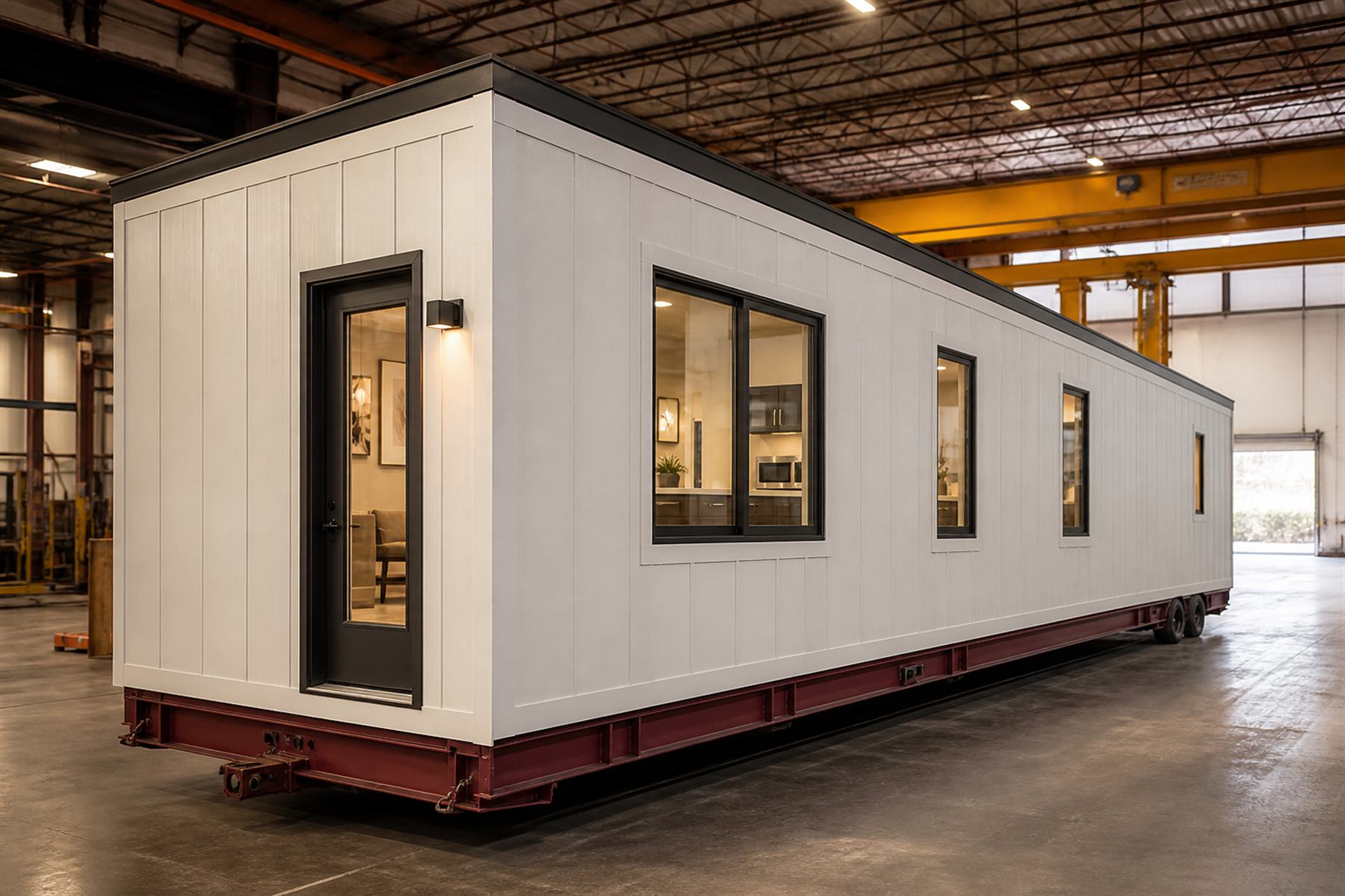 Finished modular building on a factory transport chassis, windows and siding complete
